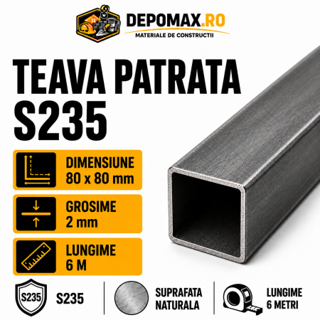 Teava patrata 80 x 80 x 2 mm, 6 metri